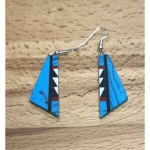 Native American STYLE Inlay Slab Earrings Natural Turquoise MOP Onyx Dangle